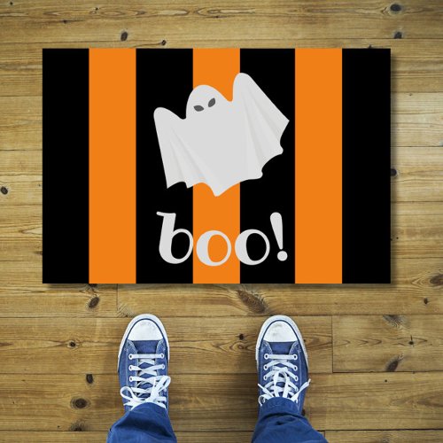 Cute Ghost Halloween Orange and Black Stripes Door Doormat