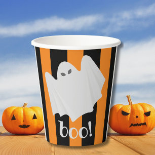 Cute Ghost Halloween Orange and Black Stripes Paper Cups