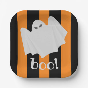 Cute Ghost Halloween Orange and Black Stripes  Paper Plates