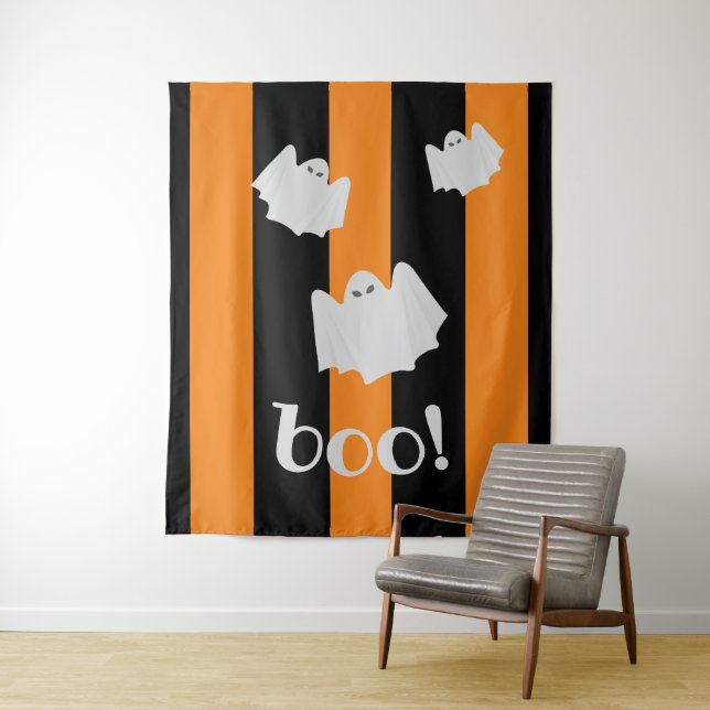 Cute Ghost Halloween Orange Black Stripe Backdrop  (In Situ)