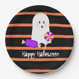 Cute Ghost Halloween Orange Black Stripes Paper Plates