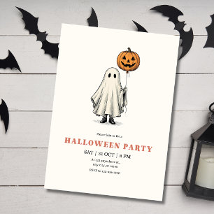 Cute Ghost Halloween Party Pumpkin Balloon Vintage Invitation
