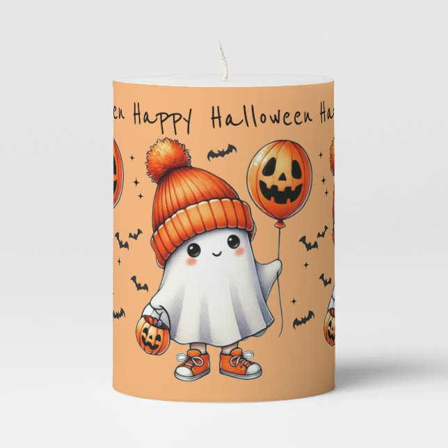 Cute Ghost Halloween Pillar Candle (Front)