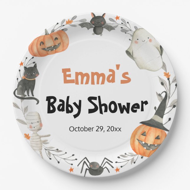 Cute Ghost Halloween Pumpkin Autumn Baby Shower Paper Plates (Front)