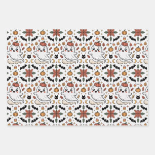 Cute Ghost Halloween Pumpkin Floral Pattern Wrapping Paper Sheets