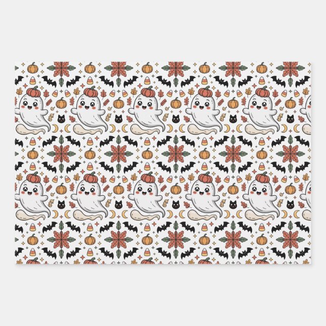 Cute Ghost Halloween Pumpkin Floral Pattern Wrapping Paper Sheets (Front)