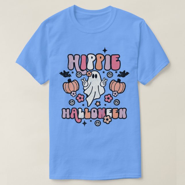 Cute Ghost Halloween Pumpkin Hippie Halloween Retr T-Shirt (Design Front)