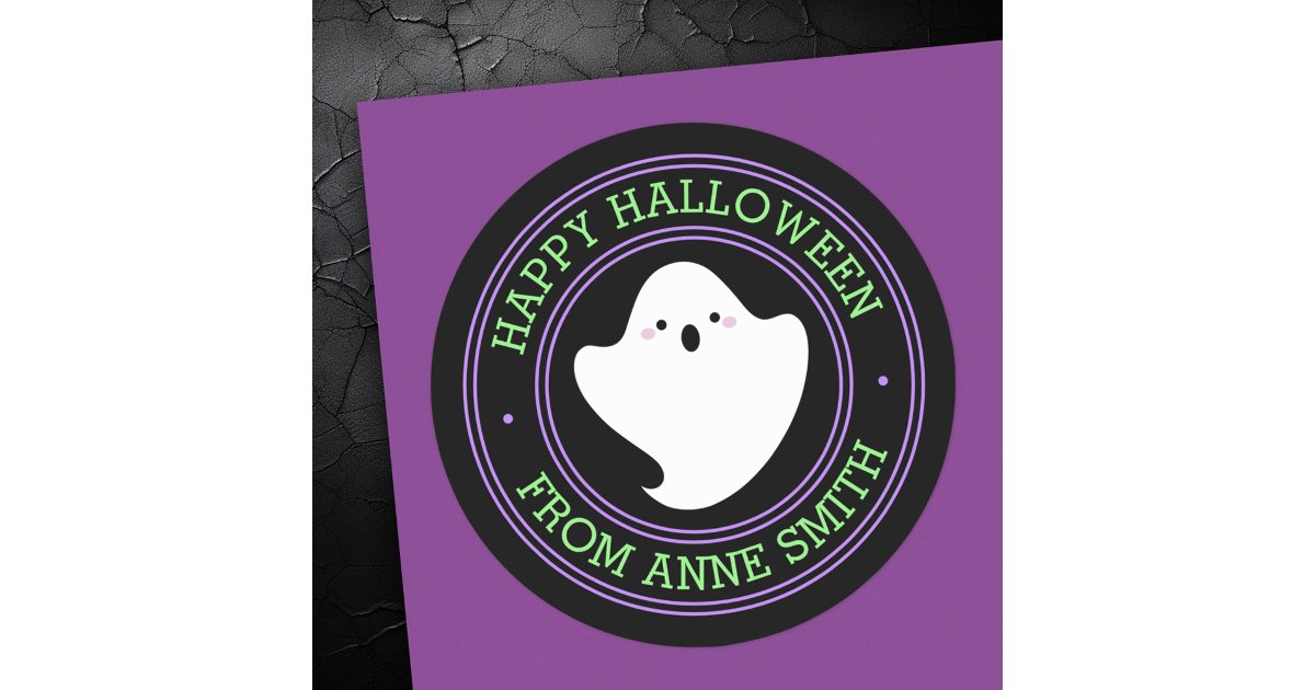 Cute ghost Happy Halloween from custom name Classic Round Sticker | Zazzle