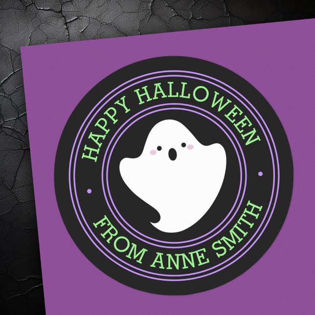 Cute ghost Happy Halloween from custom name Classic Round Sticker (Cute ghost Happy Halloween from custom name Classic Round Sticker)