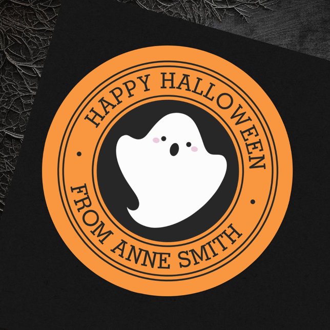 Cute ghost Happy Halloween from custom name orange Classic Round Sticker (Cute ghost Happy Halloween from custom name orange Classic Round Sticker)