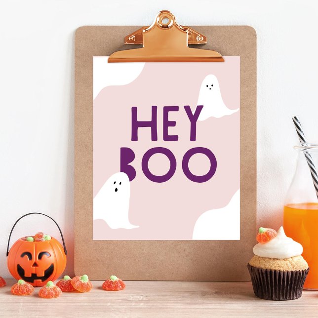 Cute Ghost Hey Boo Kids Halloween Party Poster (hey boo cute ghost halloween sign)