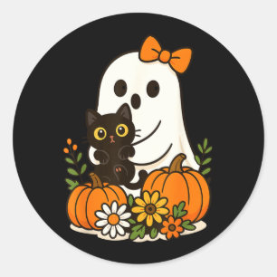 Cute Ghost Holding Black Cat Groovy Floral Classic Round Sticker