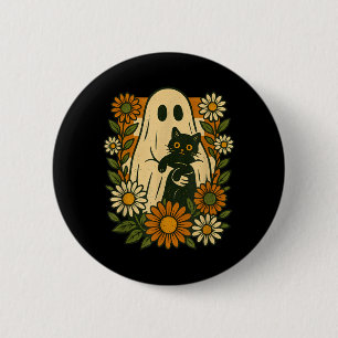 Cute Ghost Holding Black Cat Groovy Floral Funny Button