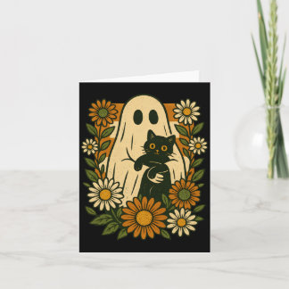 Cute Ghost Holding Black Cat Groovy Floral Funny Card