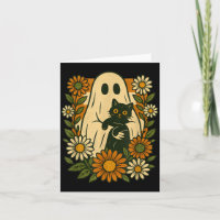 Cute Ghost Holding Black Cat Groovy Floral Funny