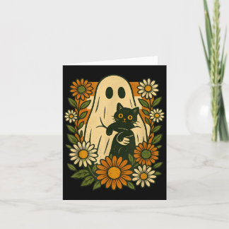 Cute Ghost Holding Black Cat Groovy Floral Funny Card