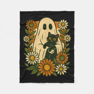 Cute Ghost Holding Black Cat Groovy Floral Funny Fleece Blanket