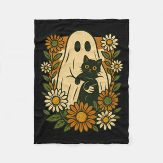 Cute Ghost Holding Black Cat Groovy Floral Funny Fleece Blanket