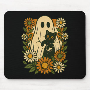 Cute Ghost Holding Black Cat Groovy Floral Funny Mouse Pad