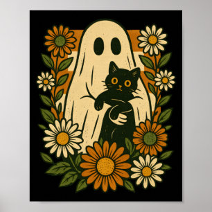 Cute Ghost Holding Black Cat Groovy Floral Funny Poster