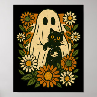 Cute Ghost Holding Black Cat Groovy Floral Funny Poster