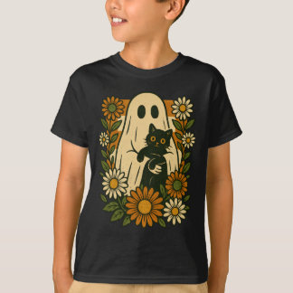 Cute Ghost Holding Black Cat Groovy Floral Funny T-Shirt