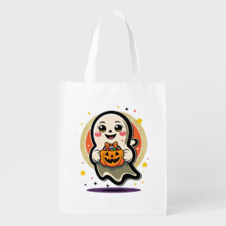 Cute Ghost Holding Pumpkin Candy Bucket Retro Hall Grocery Bag