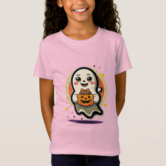 Cute Ghost Holding Pumpkin Candy Bucket Retro Hall T-Shirt