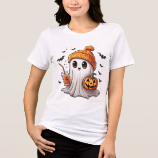 Cute Ghost Holding Pumpkin Halloween T-Shirt – Ado Tri-Blend Shirt