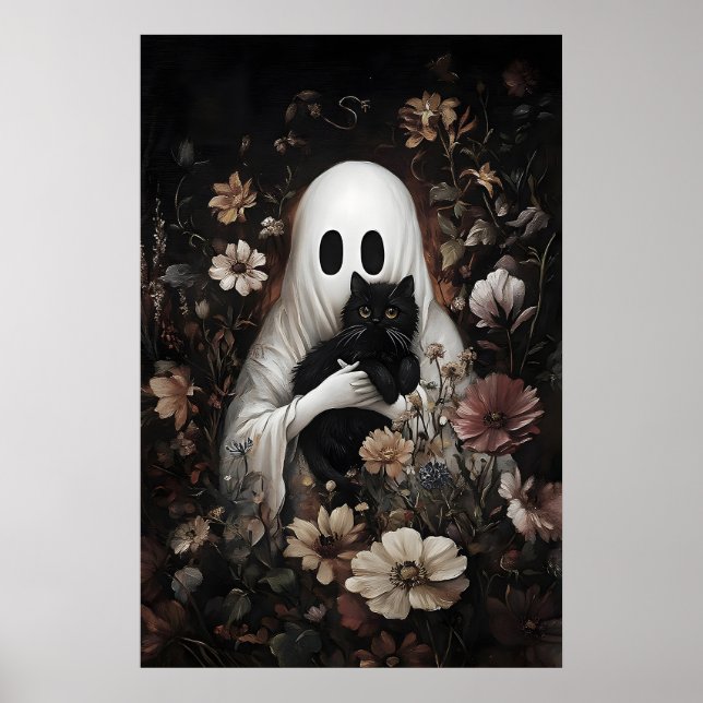 Cute ghost hugs black cat print, digital Halloween Poster (Front)