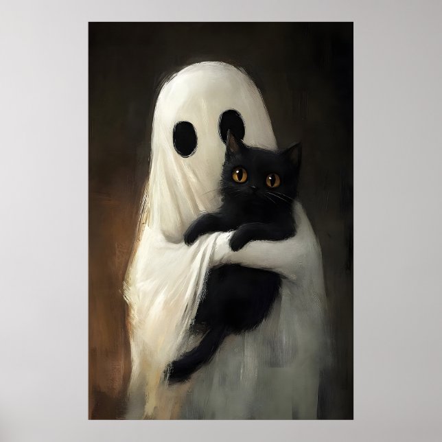 Cute Ghost Hugs Black Cat Print, Digital Halloween Poster (Front)
