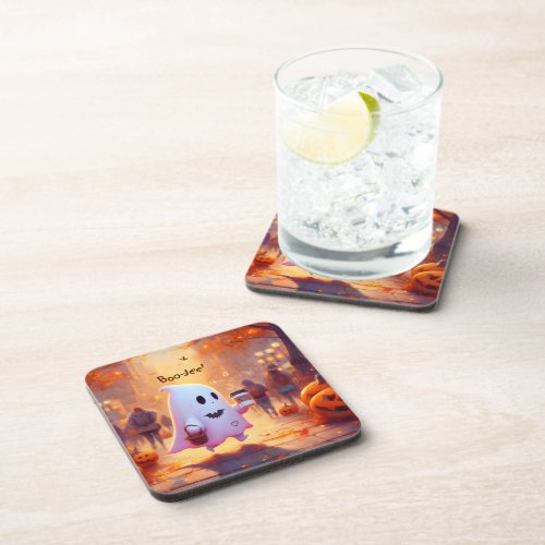 Cute ghost hurry to the party beverage coaster
