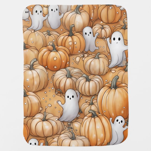 Cute Ghost in a Pumpkin Patch Halloween Baby Blanket (Front)