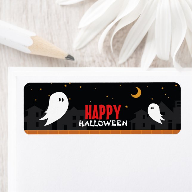 Cute ghost in abandoned town halloween night label (Insitu)
