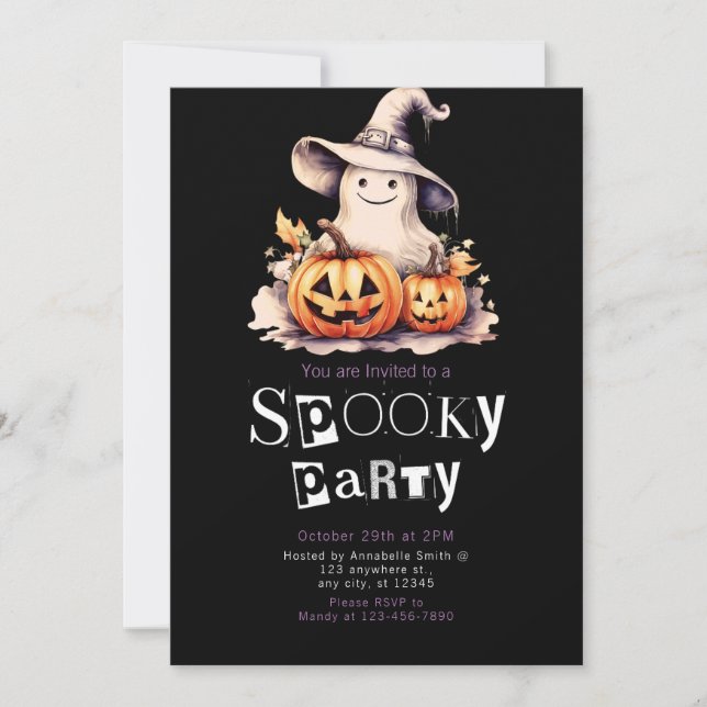 Cute Ghost in Gray Witches Hat Halloween Invitation (Front)