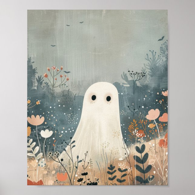 Cute Ghost in Meadows Whimsical Halloween Nursery Poster (Front)