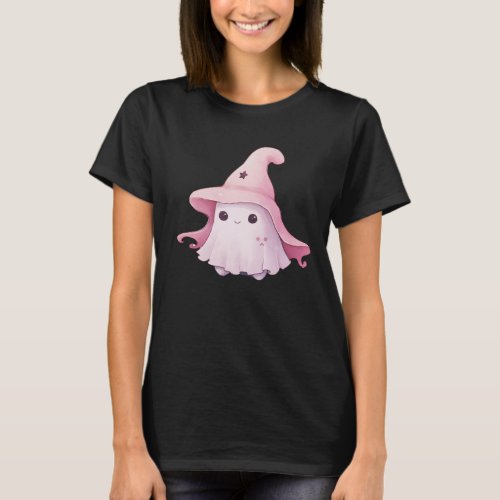 Cute Ghost in Pink Witches Hat Black Halloween T_Shirt