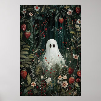 Cute Ghost In Strawberry Meadow Print, Ghost Poster