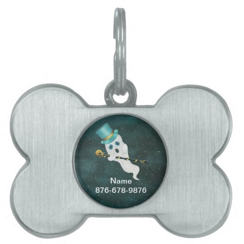 Cute Ghost in Top Hat With Skull Cane Night Sky Pet ID Tag