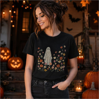 Cute Ghost in Wildflower Garden Halloween T-Shirt