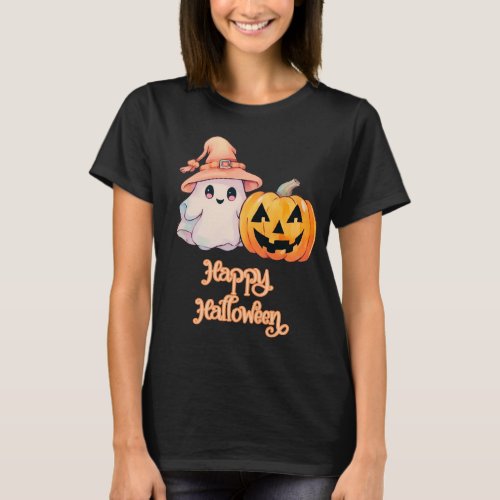 Cute Ghost  Jack_O Lantern Black Happy Halloween T_Shirt