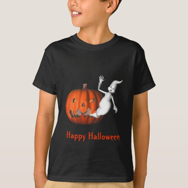 Cute Ghost Jack O Lantern Halloween T-Shirt (Front)