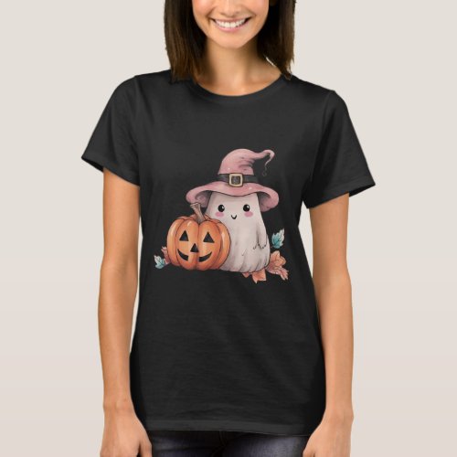 Cute Ghost Jack_O Lantern Leaves Black Halloween T_Shirt