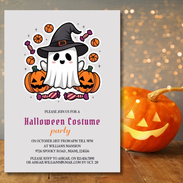 Cute Ghost Kids Halloween Costume Party Invitation (Cute Ghost and Pumpkins | Kids Halloween Costume Party Invitation for Kids)