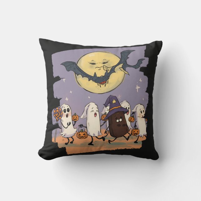 Cute Ghost Kids Trick or Treat Under Spooky Moon Throw Pillow (Front)