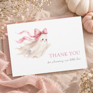 Cute Ghost Little Boo Pink Bow Baby Girl Shower Thank You Card