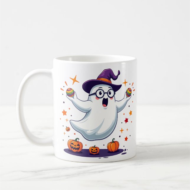 Cute Ghost Mug with Pumpkins and Witch Hat (Left)