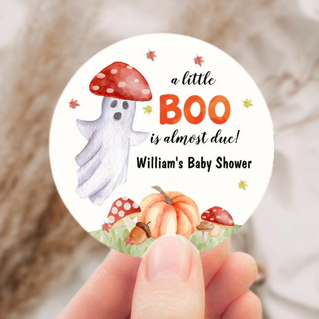 Cute Ghost Mushroom Halloween Baby Shower Classic Round Sticker (Candy Pumpkin Ghosts Halloween Baby Brewing Shower Classic Round Sticker)