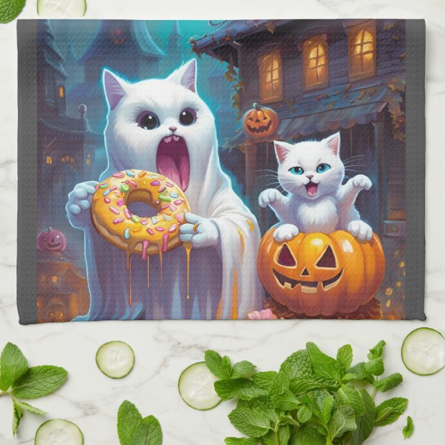 Cute Ghost N Kitten, Pumpkin and Donut Kitchen Towel (Folded)