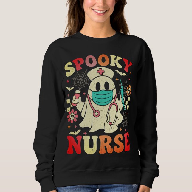 Cute Ghost Nurse Halloween Graphic Retro Pastels Sweatshirt (Front)